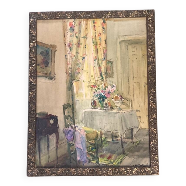 Tableau ancien - Salon fleuri d'une maison bourgeoise