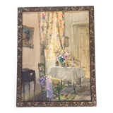 Tableau ancien - Salon fleuri d'une maison bourgeoise