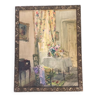 Old painting - Flower-filled living room of a bourgeois house