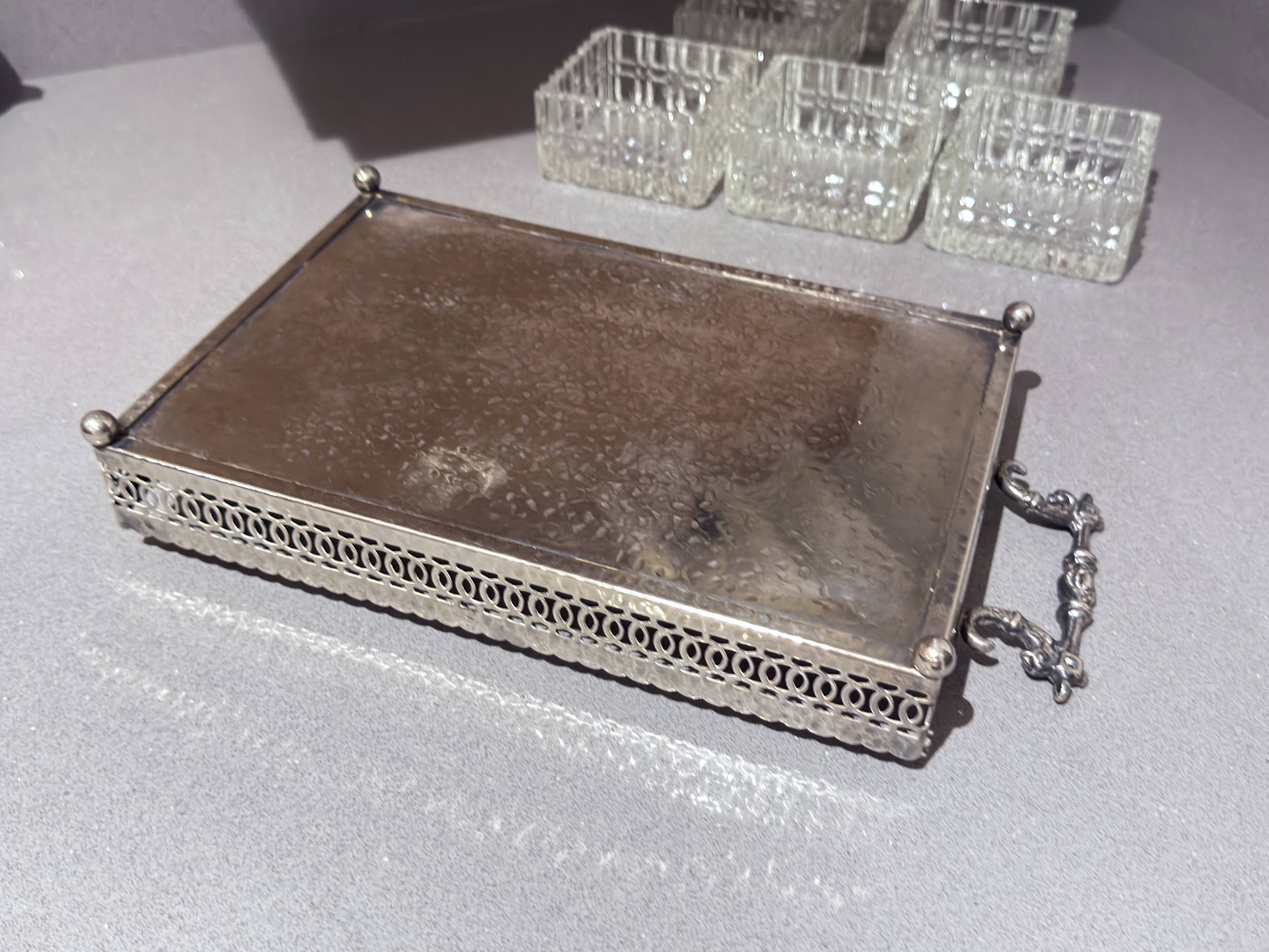 Silver-Plated Tray with Six Cut Glass Dishes, Vintage Entertaining Set
