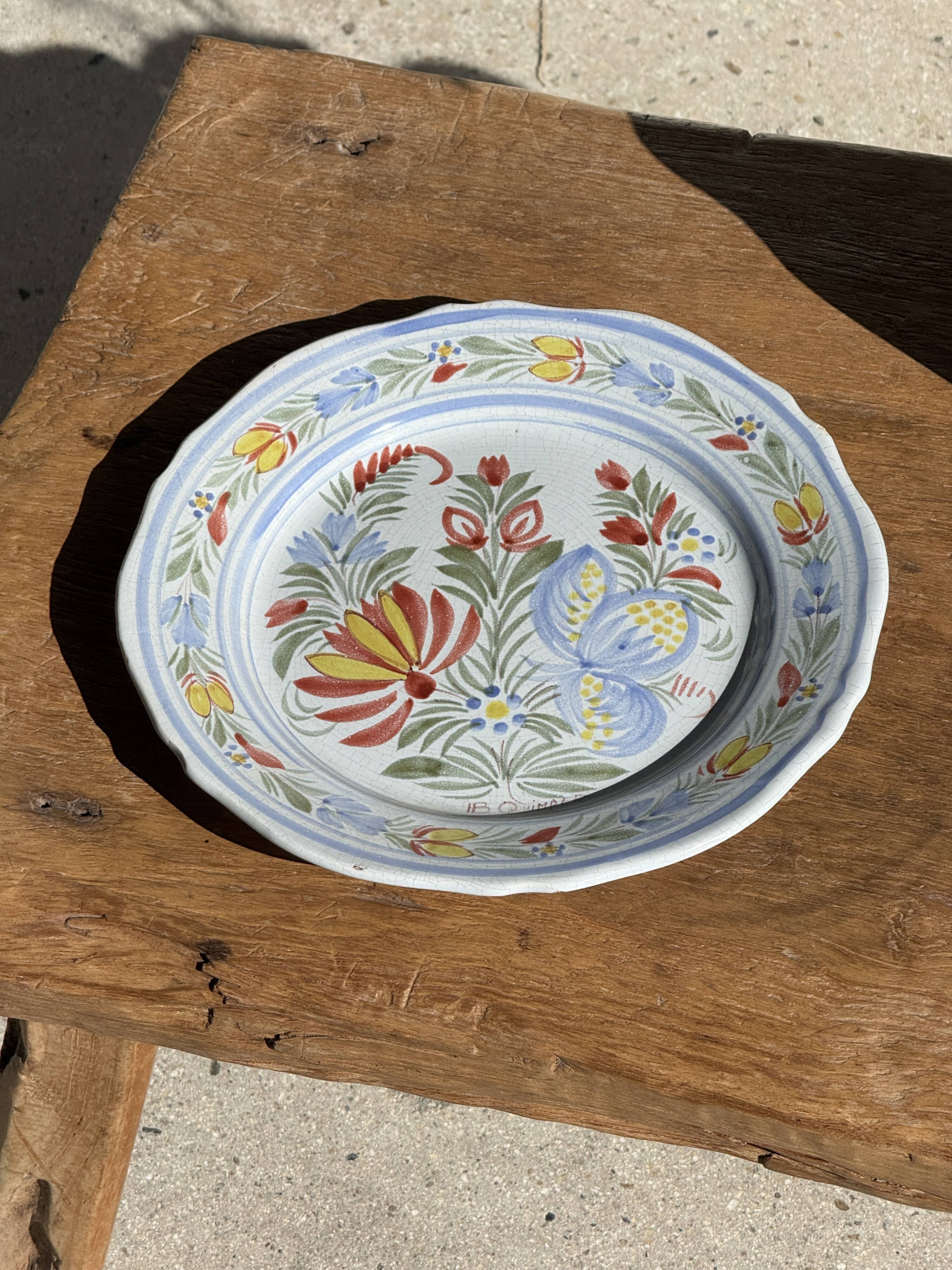 Antique decorative plate IB Quimper with polychrome floral decoration D24
