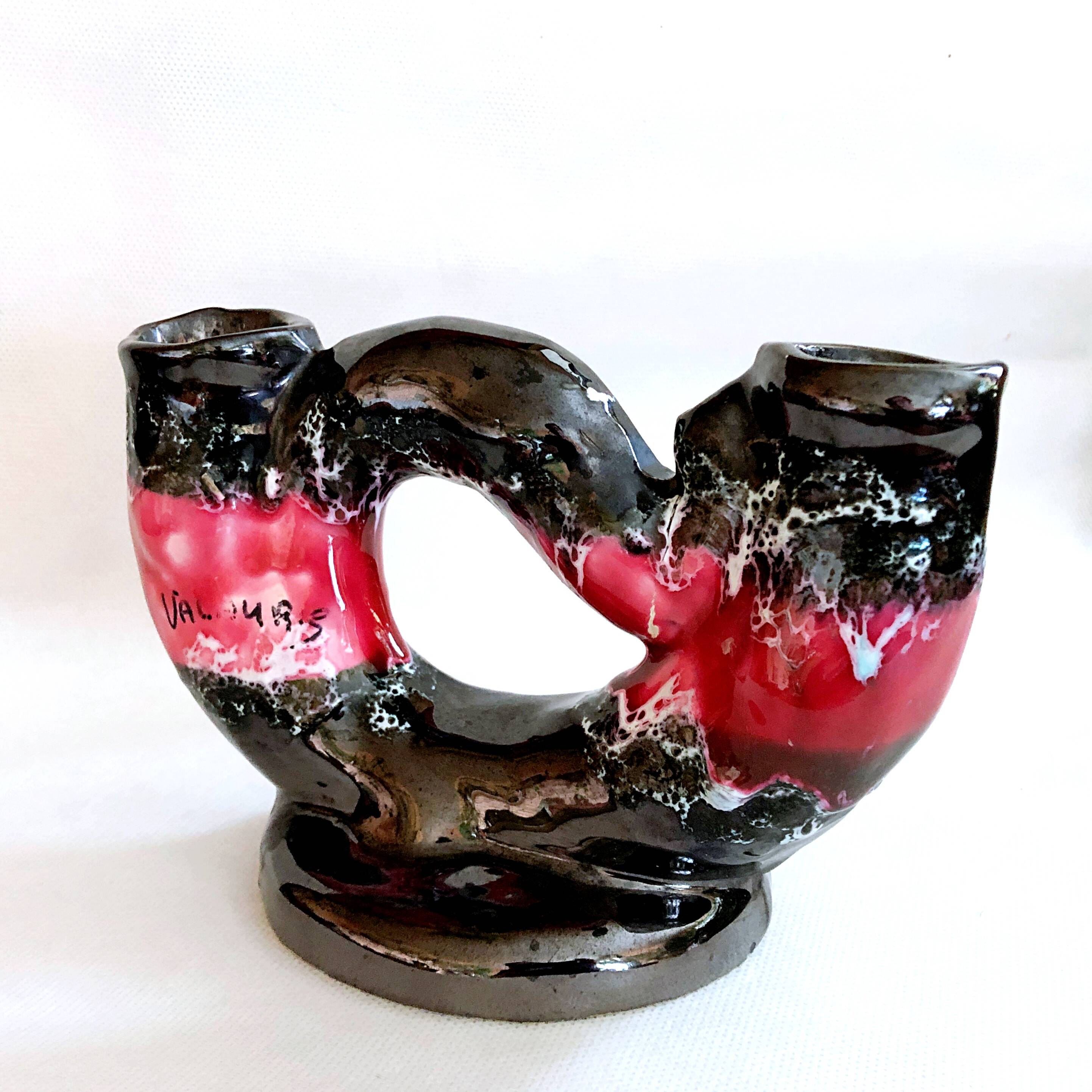 Vintage artisanal two-tone earthenware candle holder Vallauris France