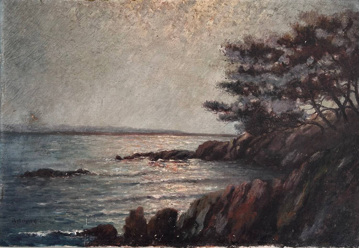 Old painting of sunrise over the sea