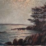 Old painting of sunrise over the sea