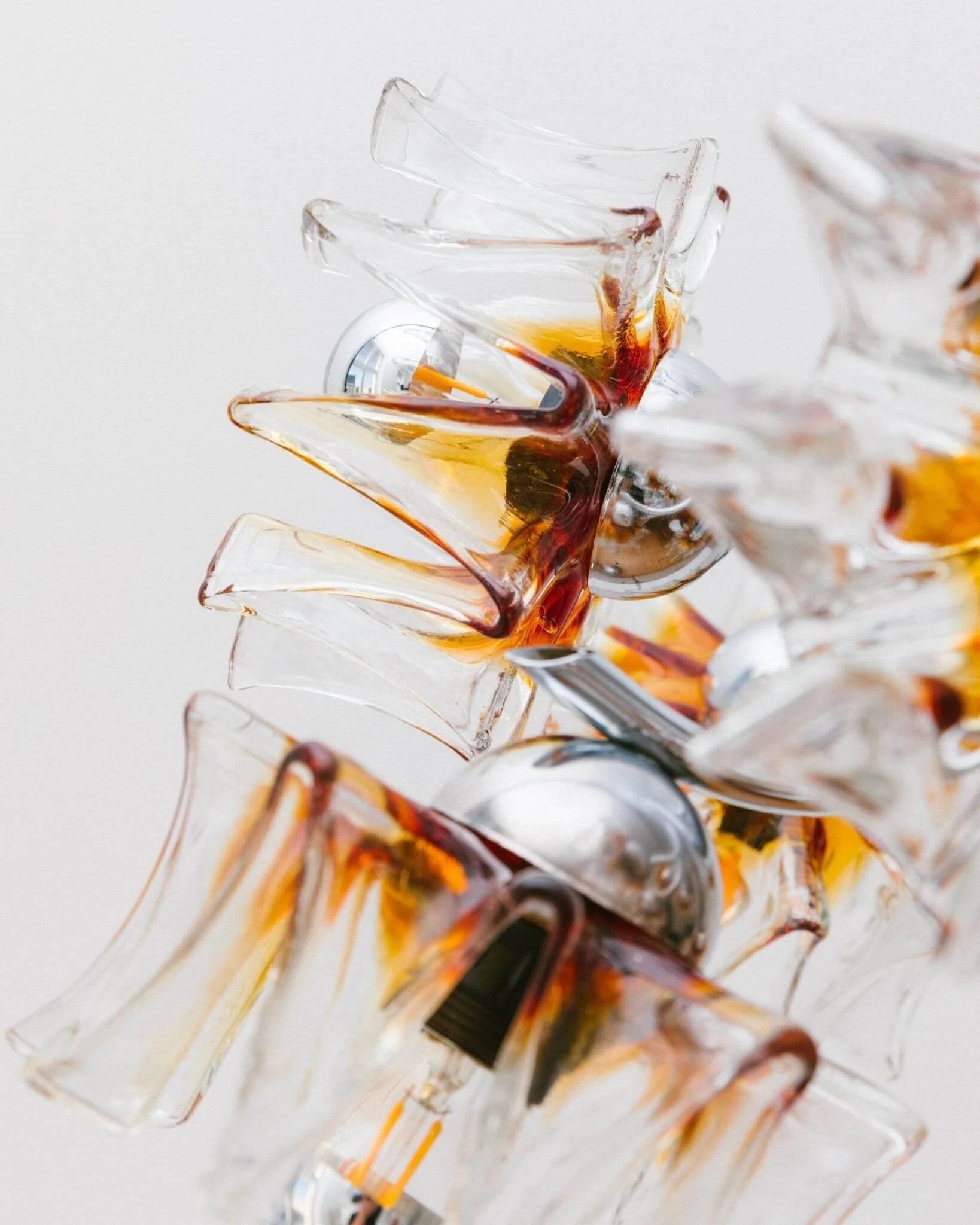 Carlo Nason Murano Glass Flower-Shades Chandelier by Mazzega - Chrome and Transparent Amber Glass, Hollywood Regency, 1970s