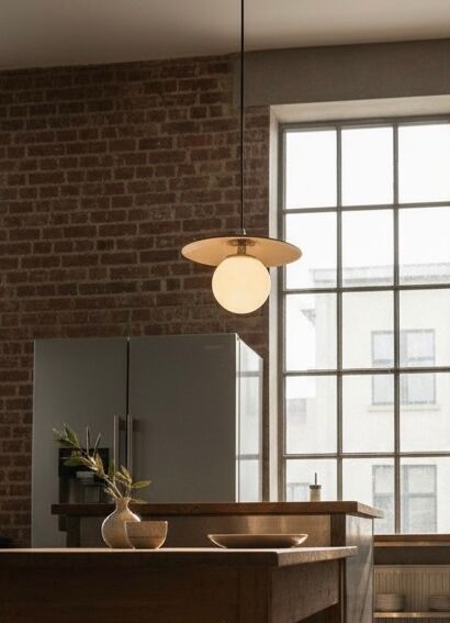 Industrial pendant light made of speckled enameled sheet metal and opaline