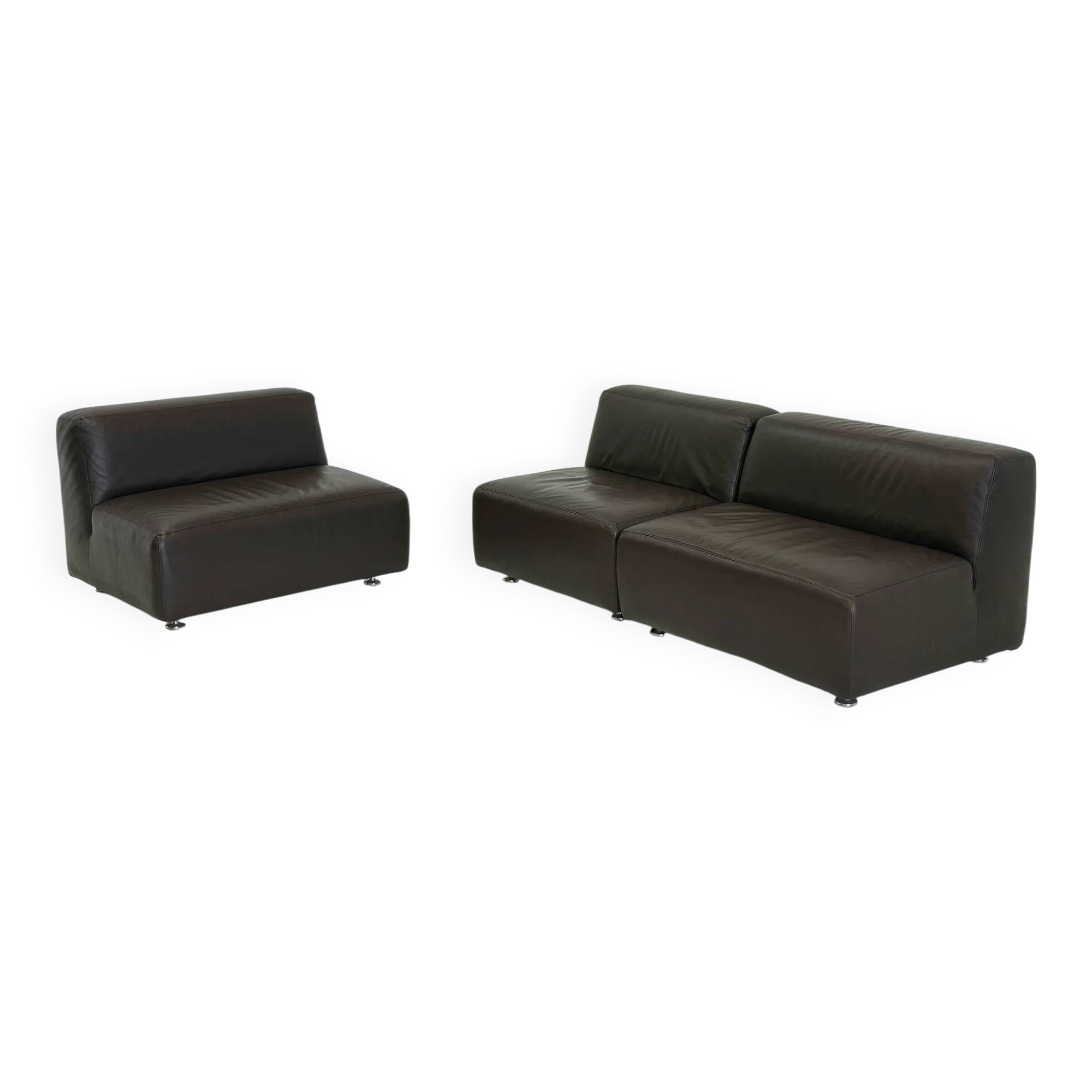 Ensemble de 3 canapés / fauteuils modulaires vintage de style spatial en cuir marron foncé.