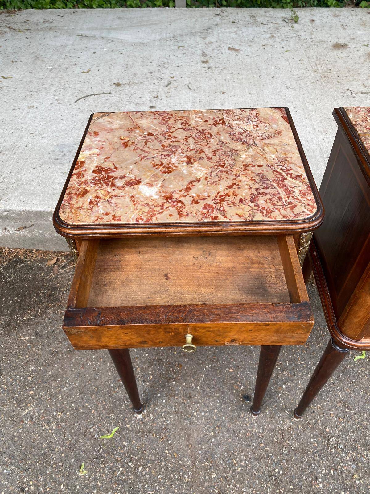 Pair of Louis XV bedside tables, 19th century, marquetry and pink marble
