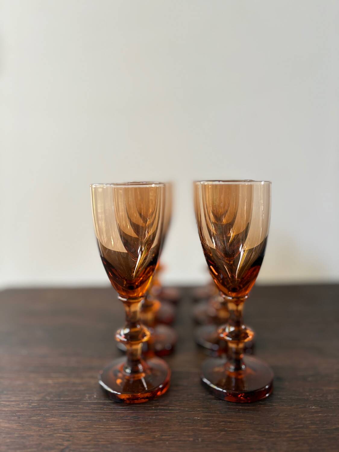Set of 8 vintage amber portieux crystal glasses from the 70s