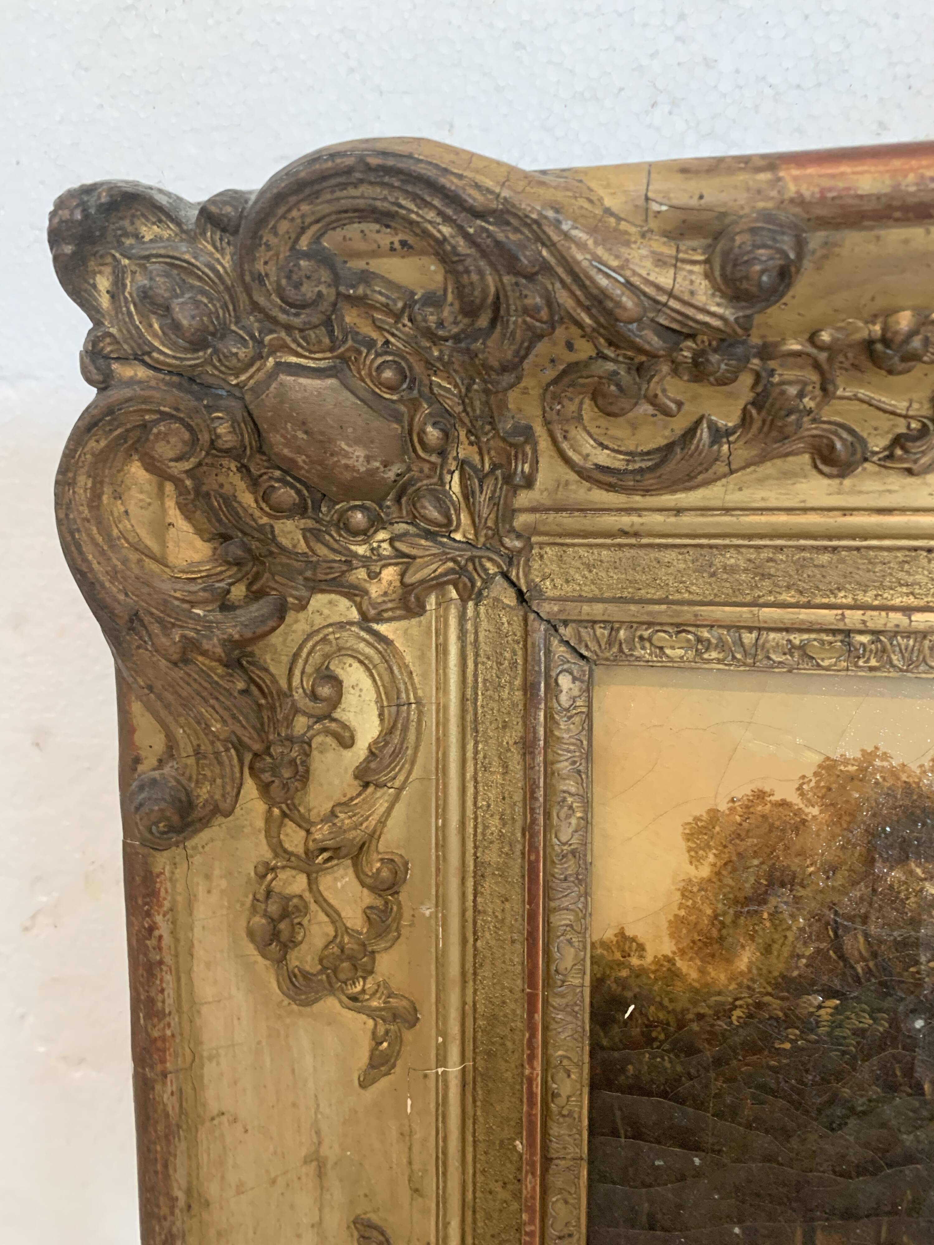Oil on canvas "Animated landscape" wooden frame and gilded stucco 19th century