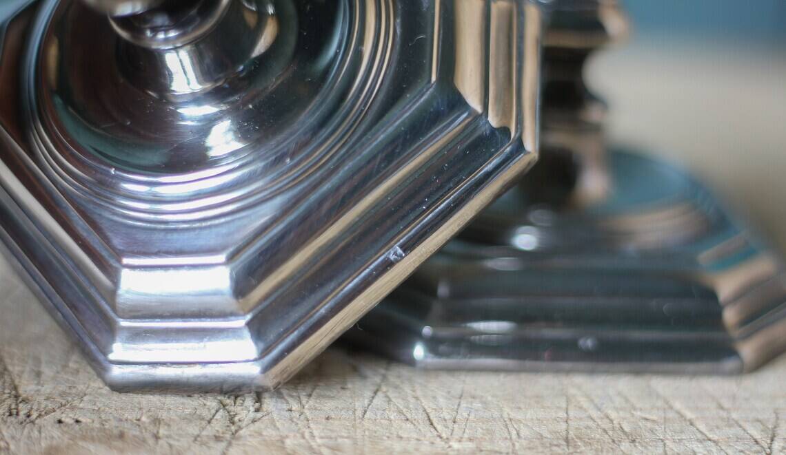 Pair of silver metal empire style candlesticks, candle holder, torch, interior decoration