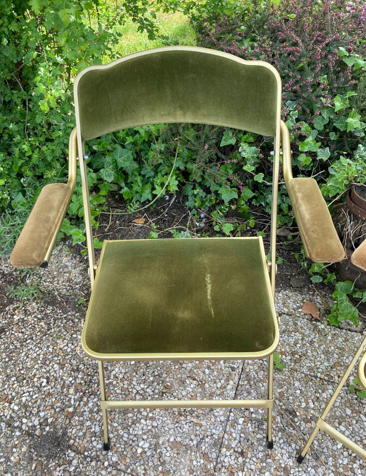 Set of 4 vintage folding armchairs in green velvet