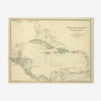 Map of Cuba and The Caribbean Sea circa 1869 Keith Johnston Royal Atlas Hand coloured map
