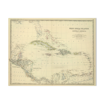 Map of Cuba and The Caribbean Sea circa 1869 Keith Johnston Royal Atlas Hand coloured map