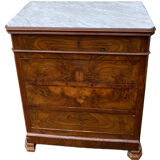 Antique Louis Philippe style chest of drawers with a white marble top.