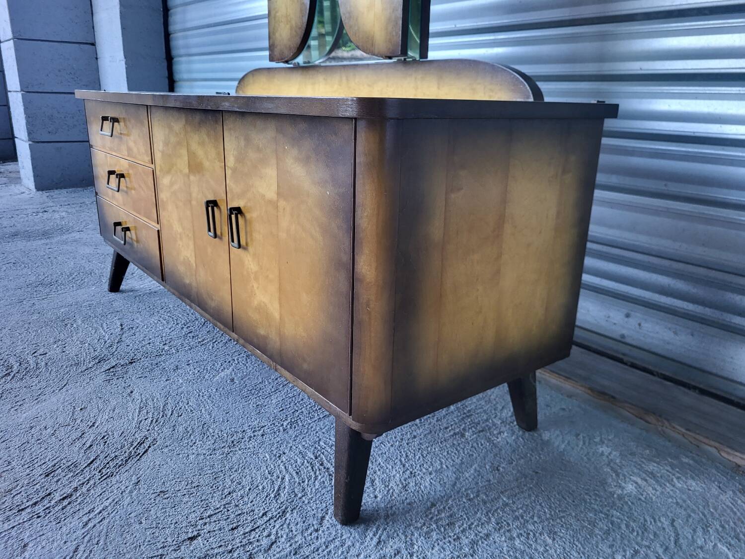 Vintage Scandinavian style dressing table, chest of drawers, triptych mirror and bedside table