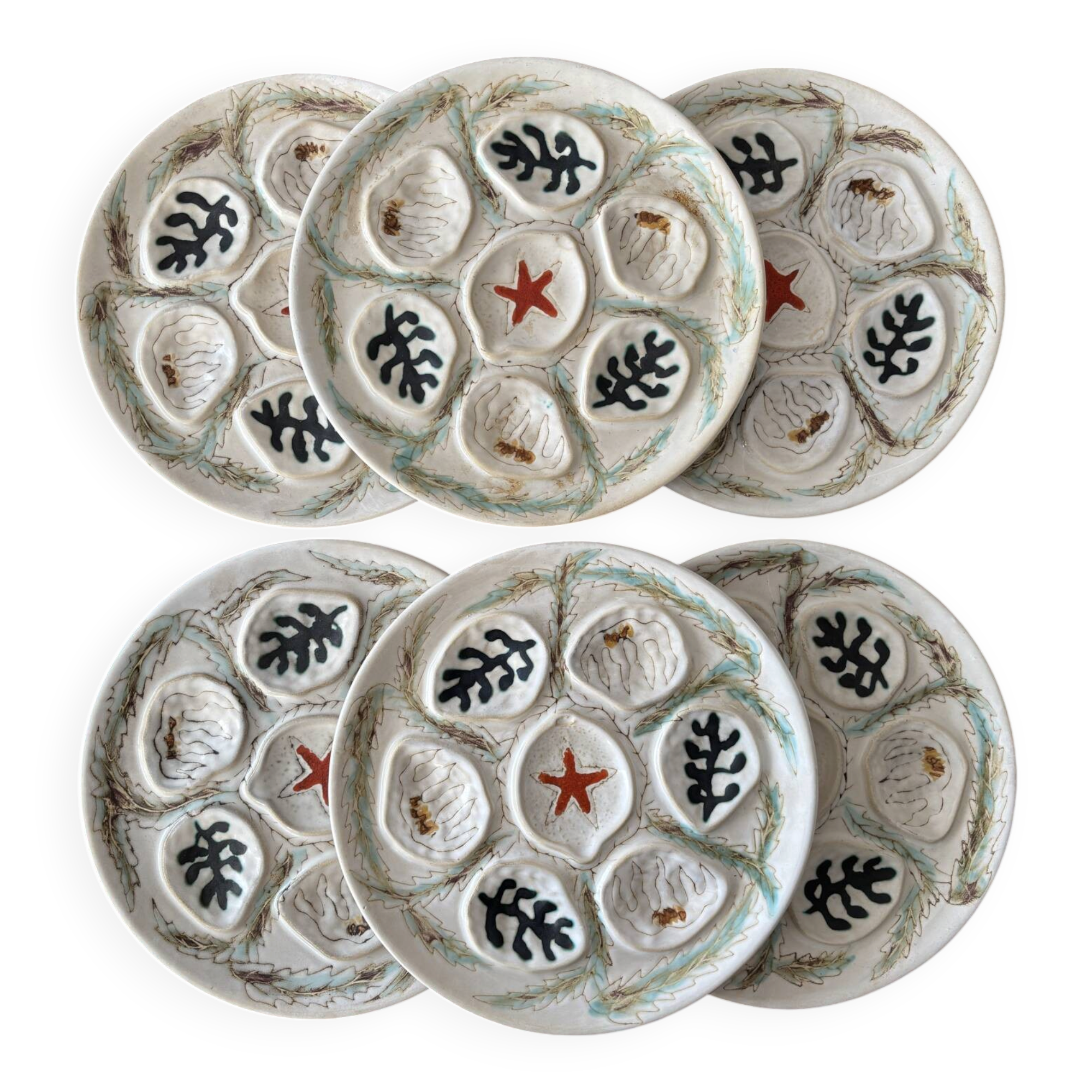 Set of 6 Vintage Ceramic Oyster Plates MBFA PORNIC Made in