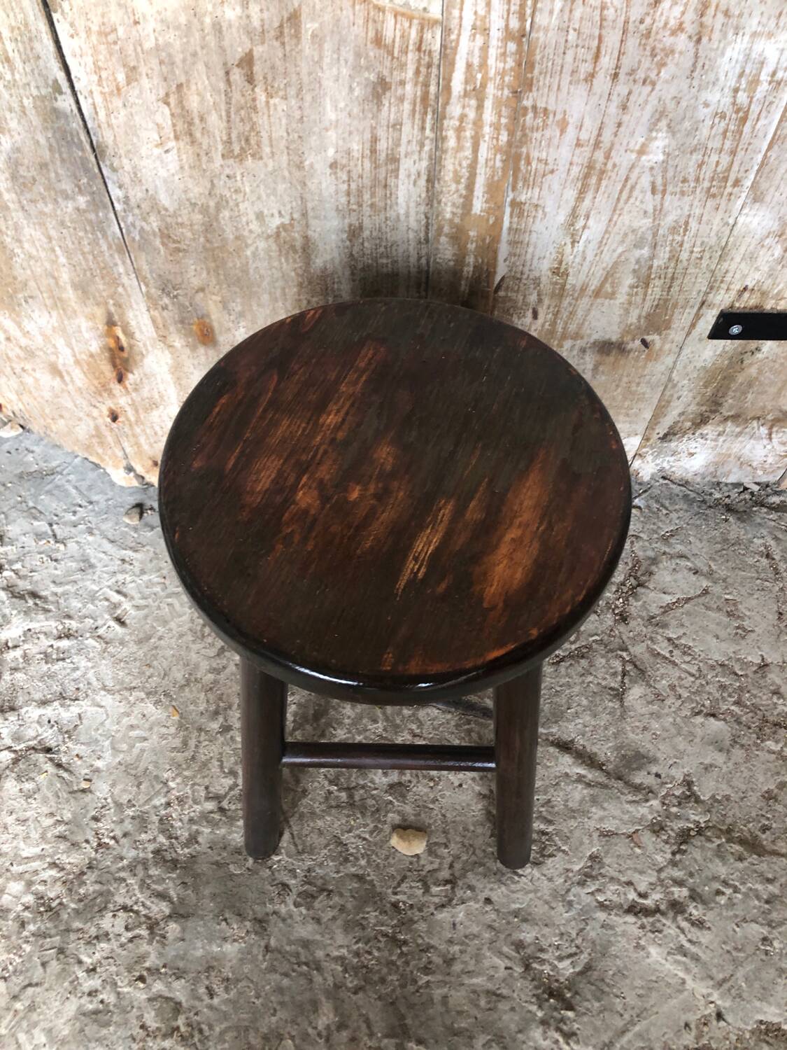 Vintage Turned Dark Wood Milking Stool #A631