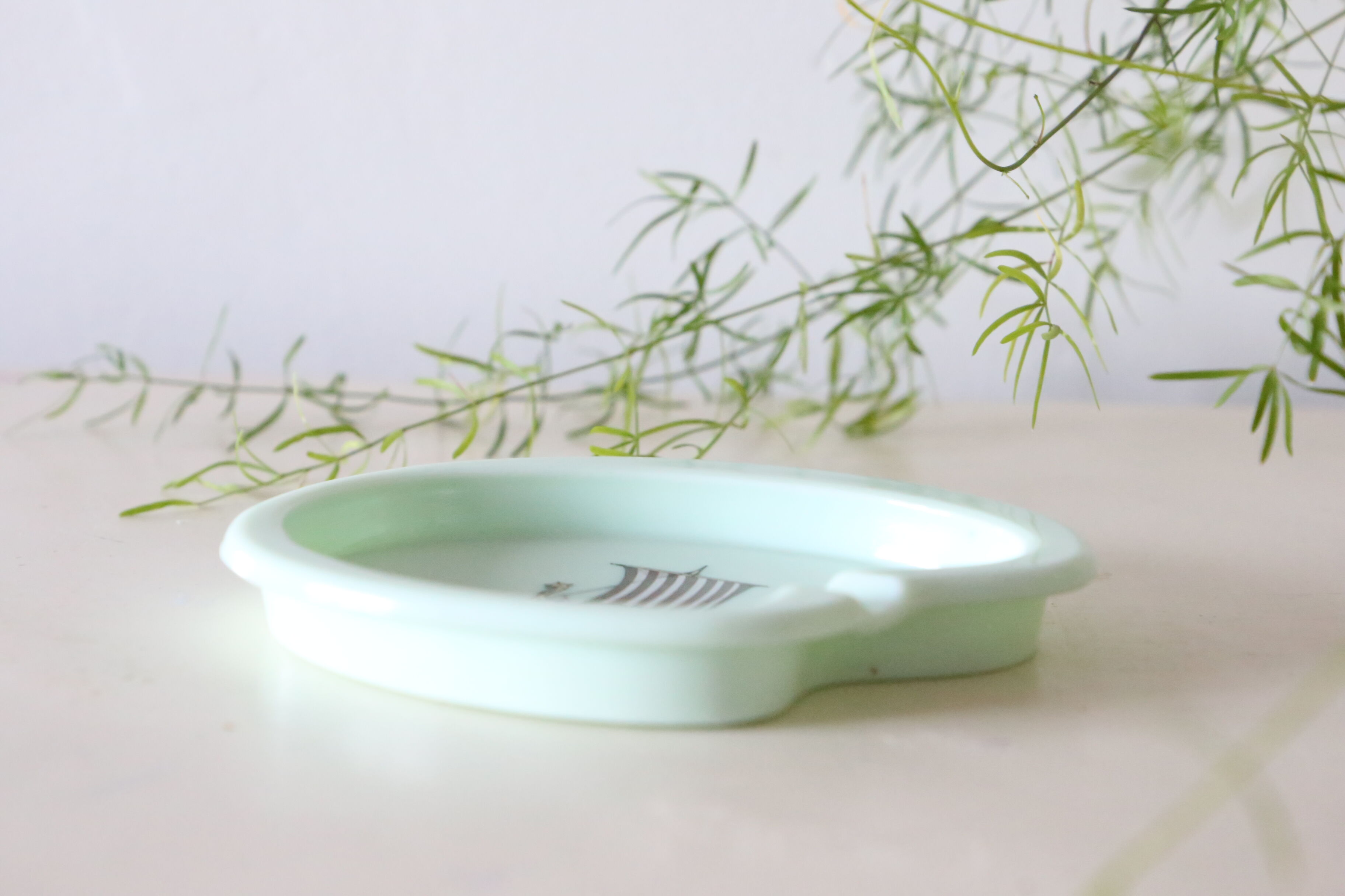 Opaline ashtray, mint color, Viking boat, vintage