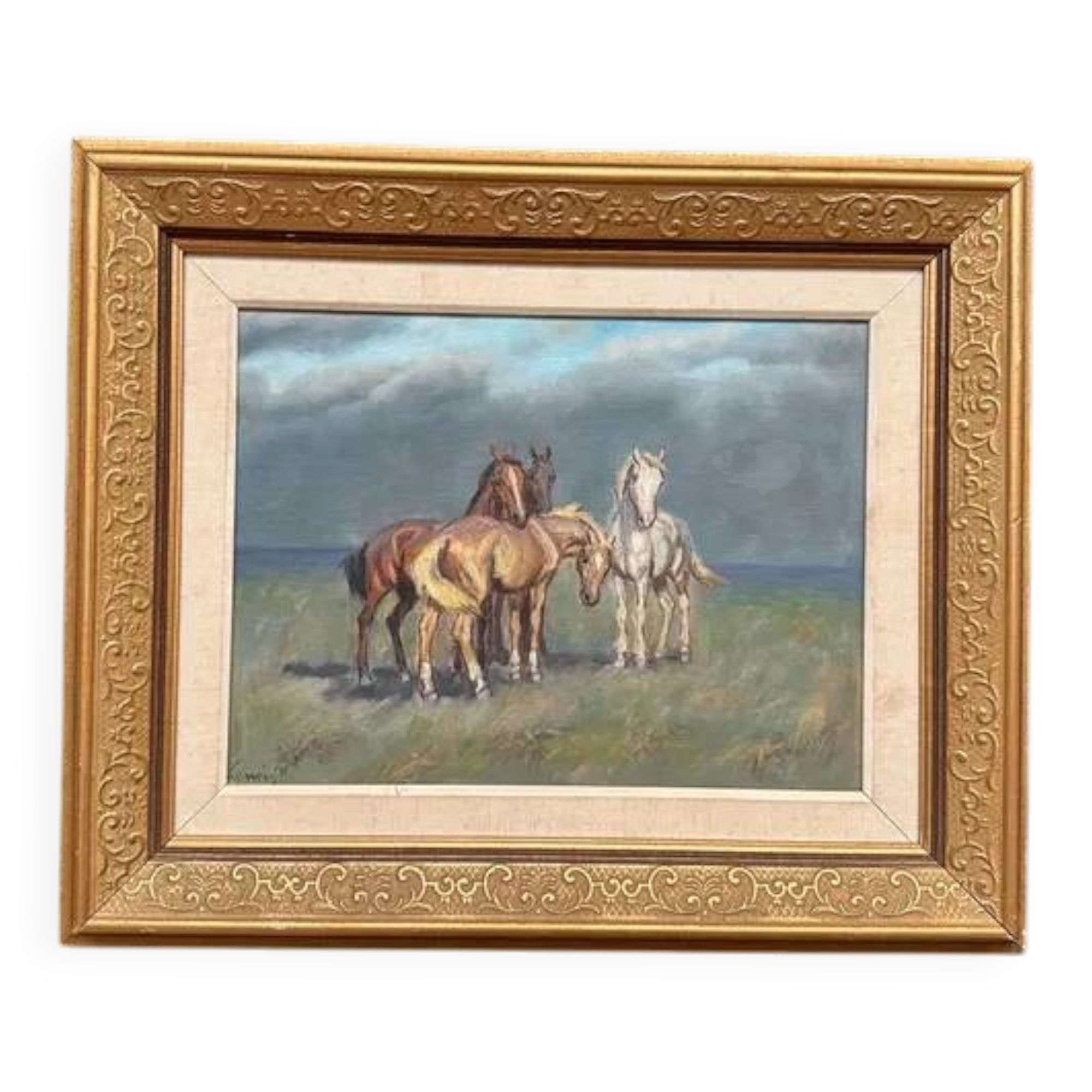 Original Swedish Oil on Canvas – “Horses” – Signed – Vintage & Framed – 59.5 × 49.5 cm