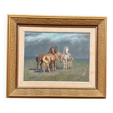 Original Swedish Oil on Canvas – “Horses” – Signed – Vintage & Framed – 59.5 × 49.5 cm