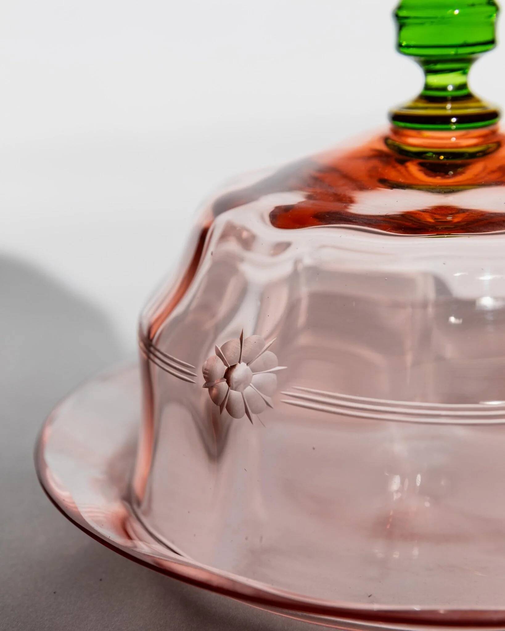 Pink Glass Cloche with Green Finial on Plate – 1930s Italian Vintage Glass Tableware
