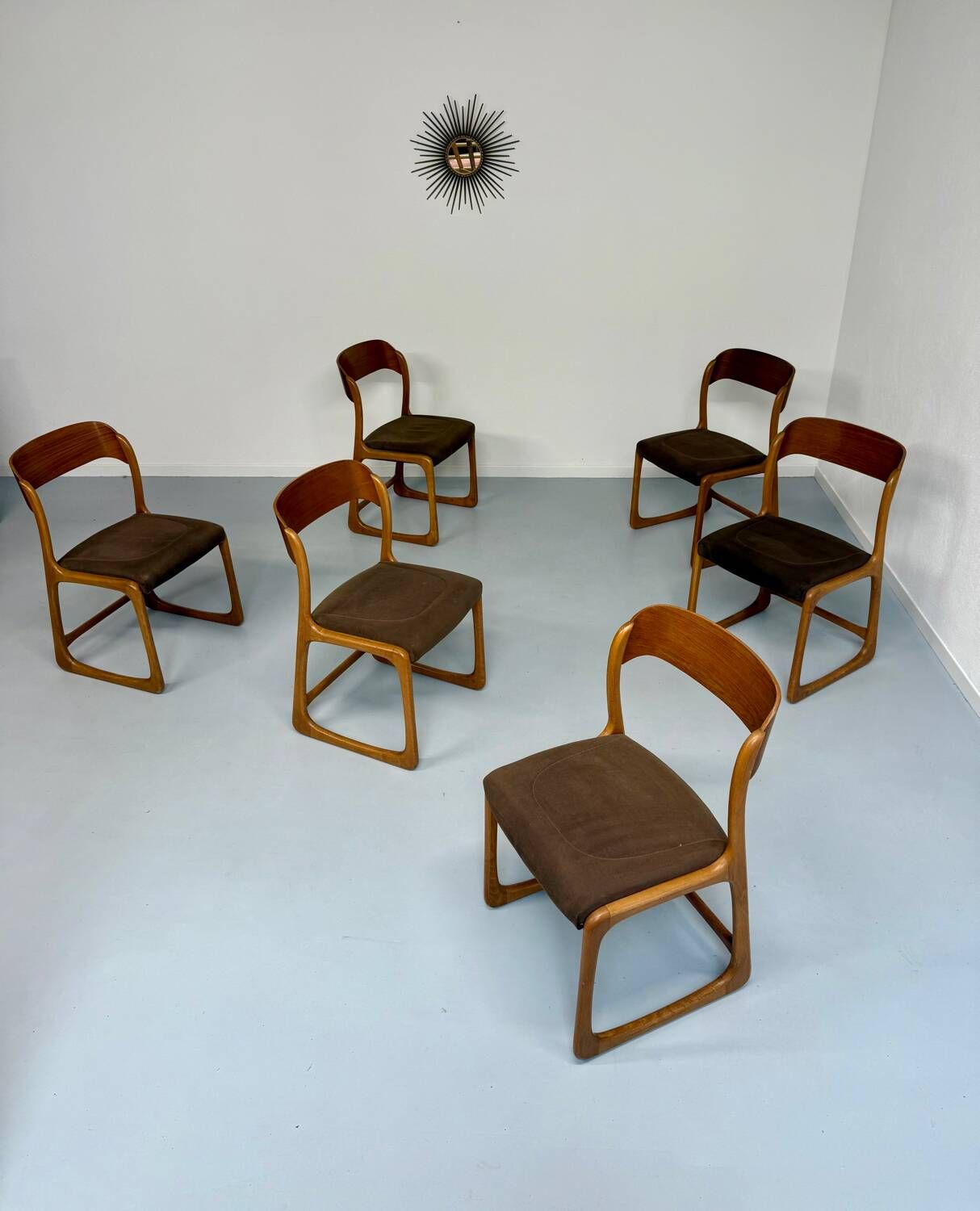 Set of 6 Baumann sleigh chairs in wood and brown fabric, original 1960s