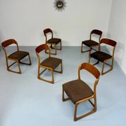 Set of 6 Baumann sleigh chairs in wood and brown fabric, original 1960s