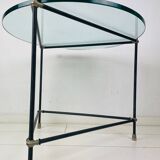 Vintage round side table. Thick glass round coffee table. Robust industrial design table.