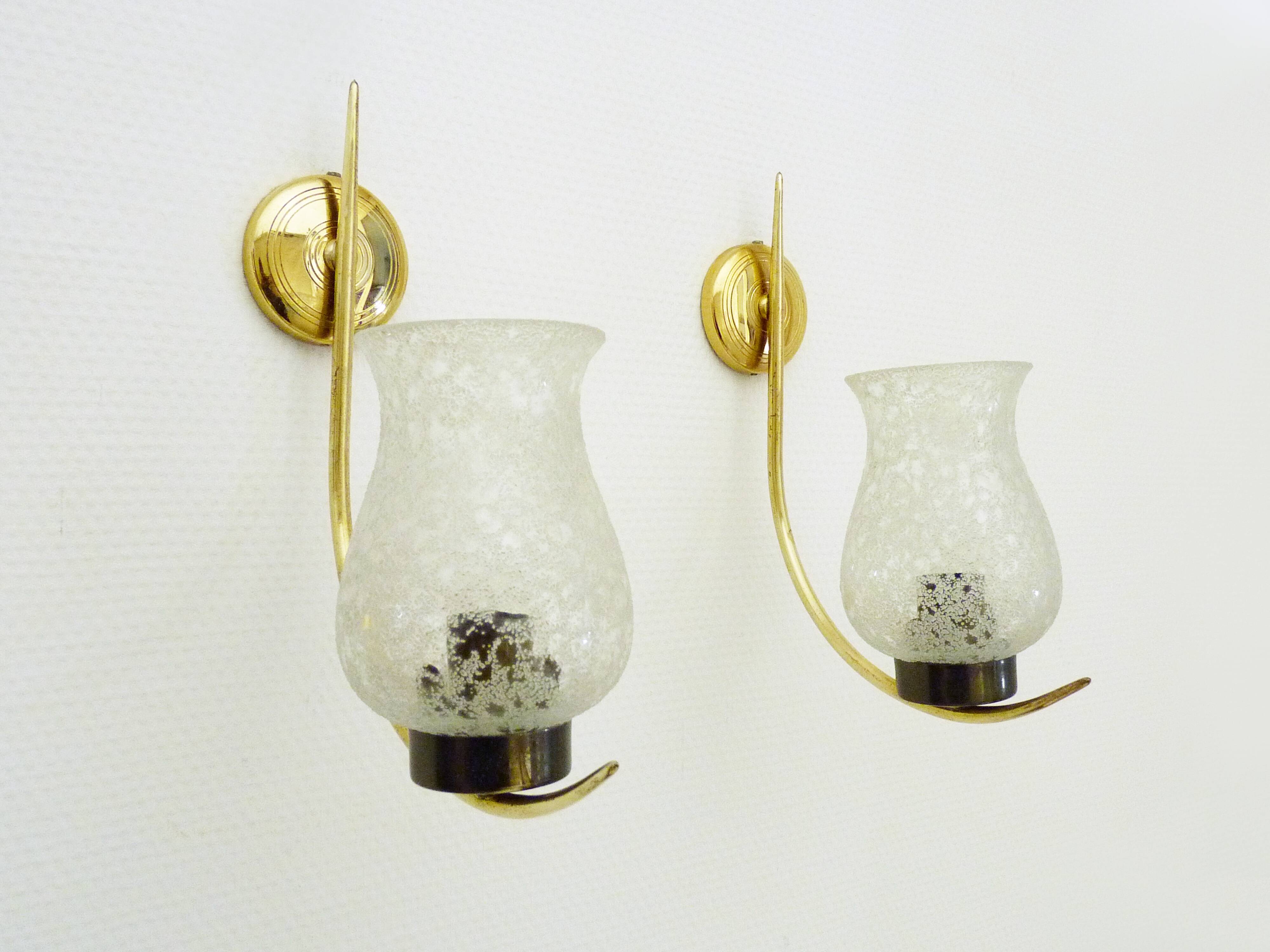 Pair of brass glass tulip wall appliques 60s