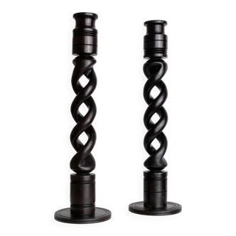 Dark Wood Candle Holders, Vintage 1970s Italy, Barley-Twist Design, Set of 2, Boho Table Decor