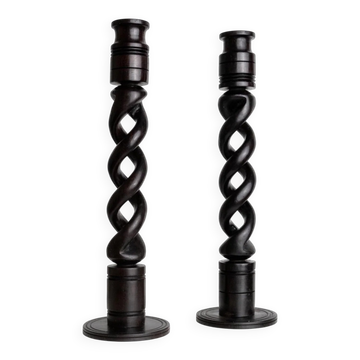 Dark Wood Candle Holders, Vintage 1970s Italy, Barley-Twist Design, Set of 2, Boho Table Decor