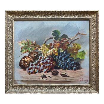 Tableau 1909 "Nature morte aux noix et raisins" Monogramme et cadre