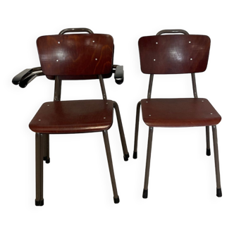 Lot de 3 chaises d’école acajou Galvanitas années 70 Pays-Bas