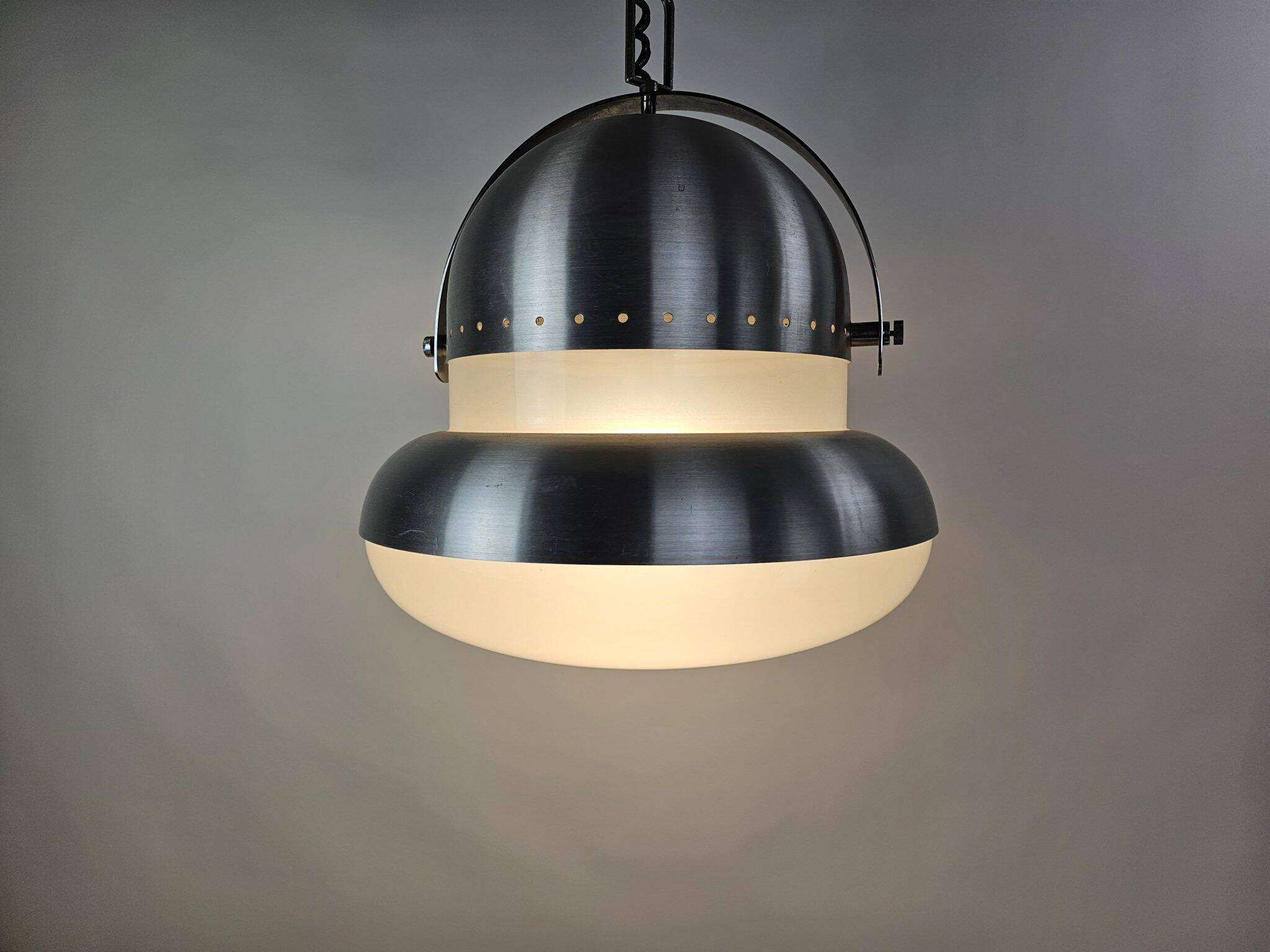 Large pendant lamp in brushed metal and opaline glass, Italy 1970s