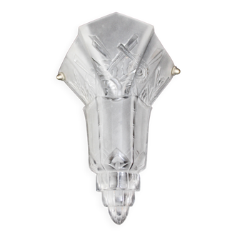 Grand abat-jour Art Déco en verre dépoli, motif floral géométrique