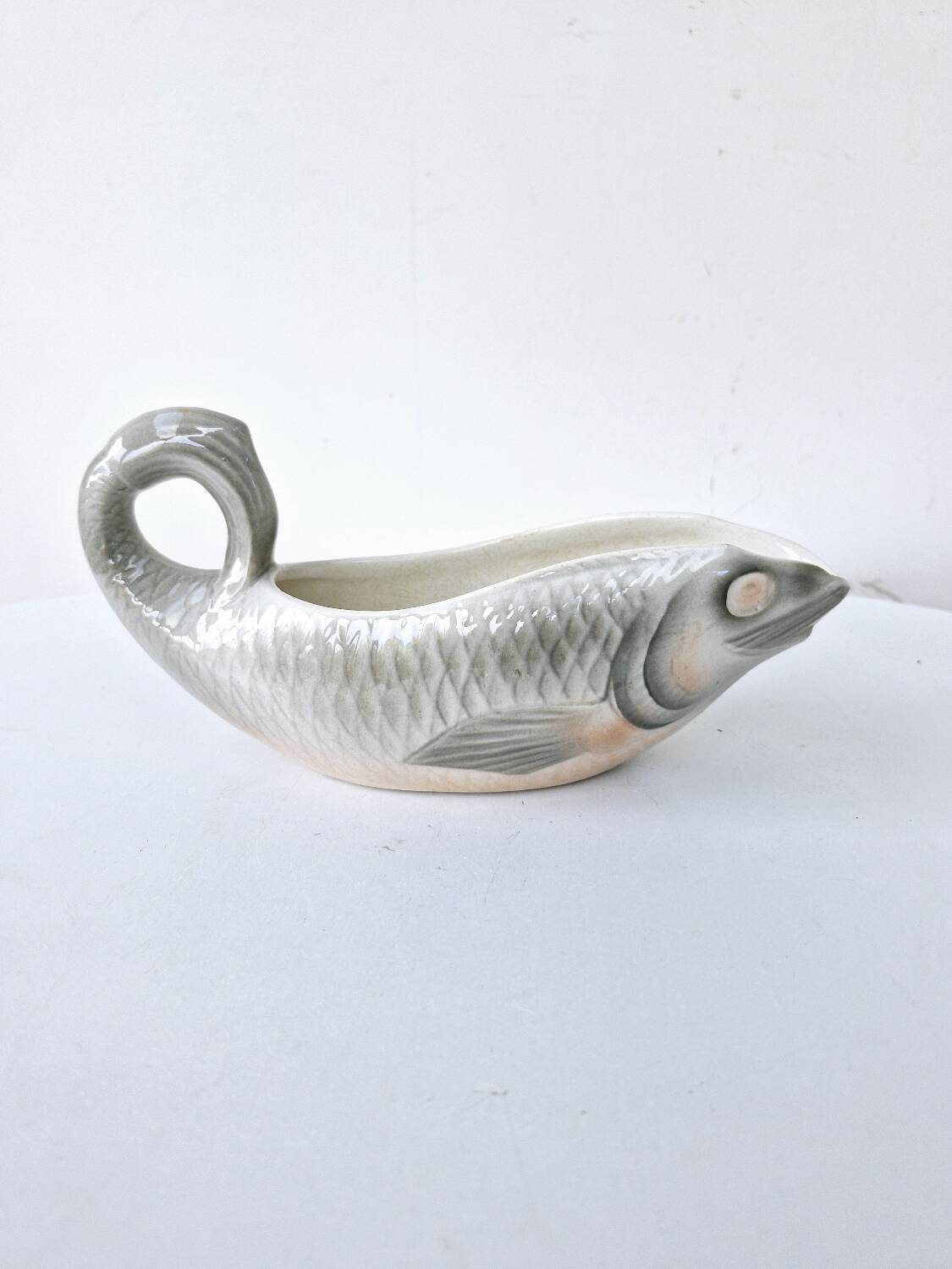 Gravy Boat With Handle Old Earthenware Ceramic Sarreguemines Salmon Fish Shape