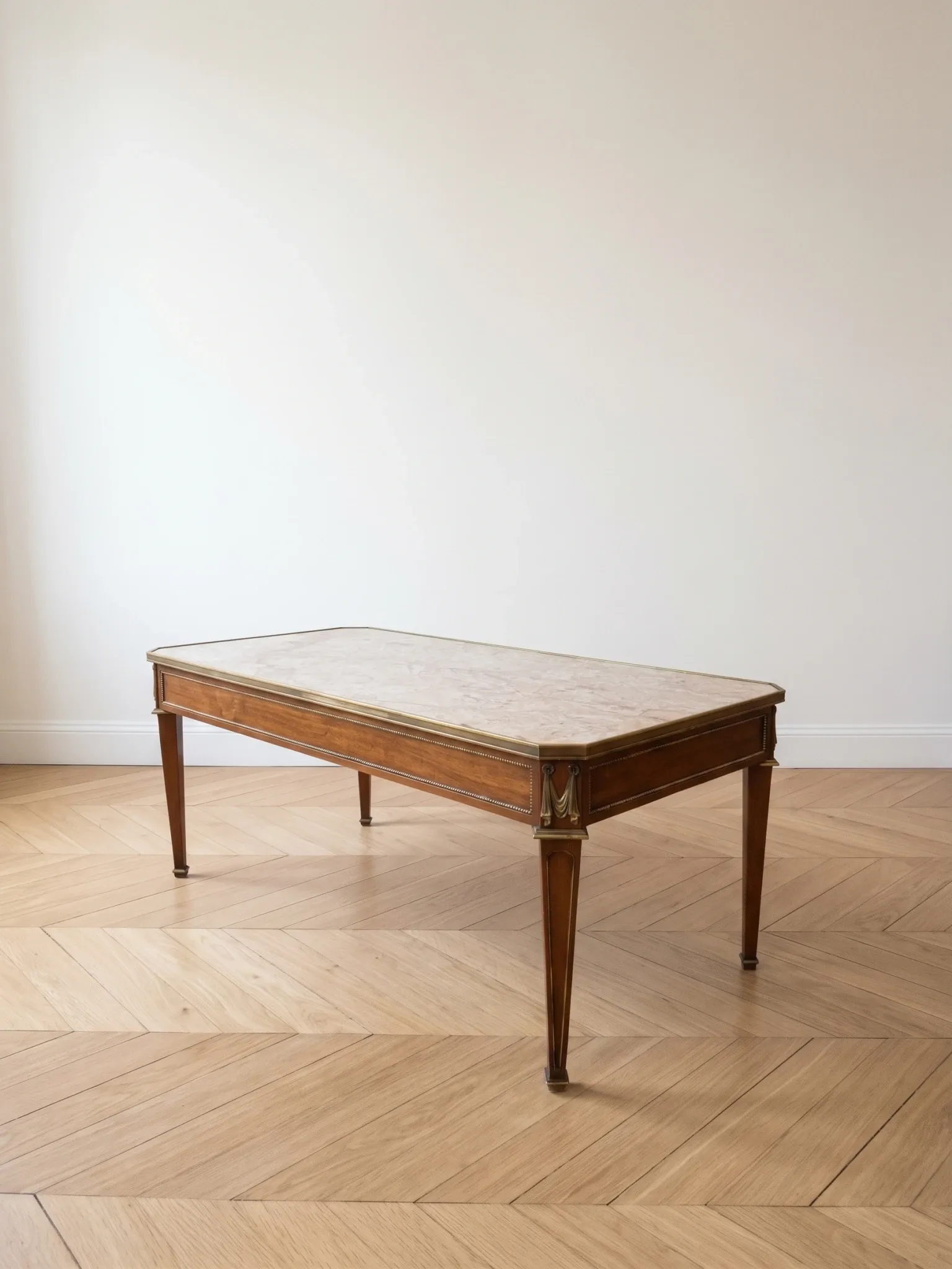 Louis XVI style coffee table in wood and marble with bronze ornaments.