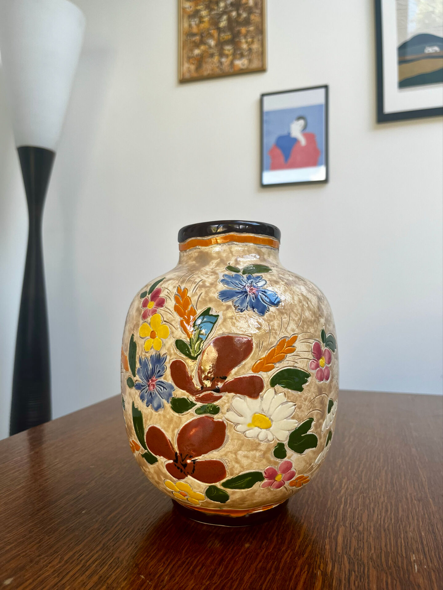 Ceramic vase by J. Massier Vallauris with floral decoration.