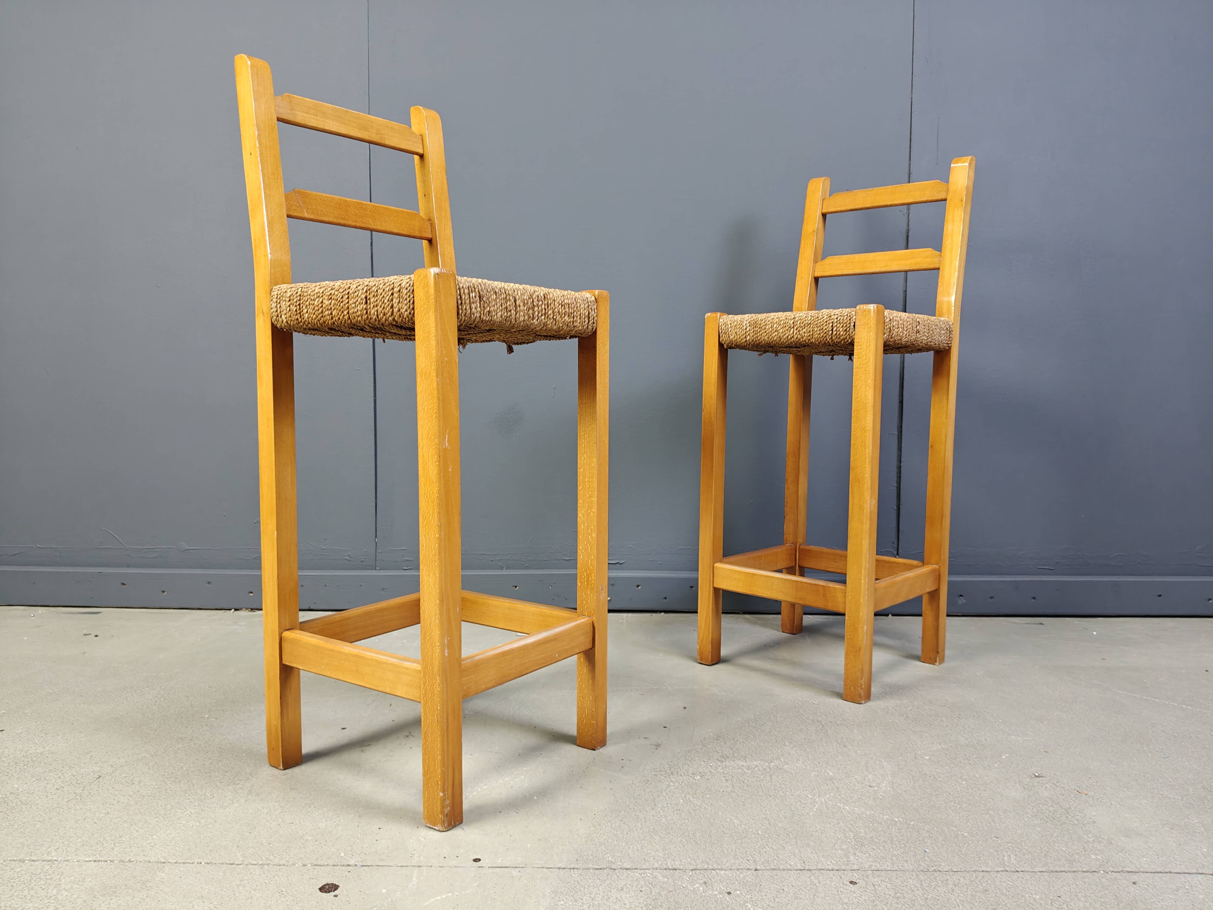 Vintage oak and papercord bar stools, 1960s