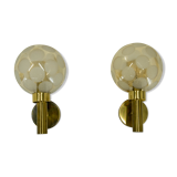 Pair of brass and glass wall lamps, Denmark, 1970s