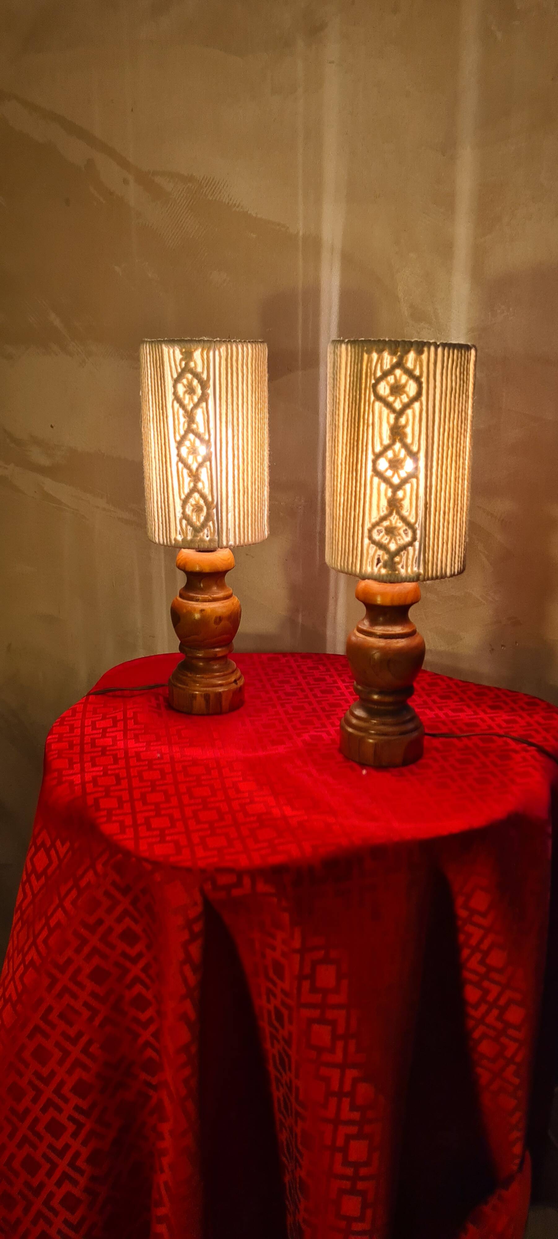 Pair of vintage lamps in woven cotton wood, scandinavian style, 31x11 cm