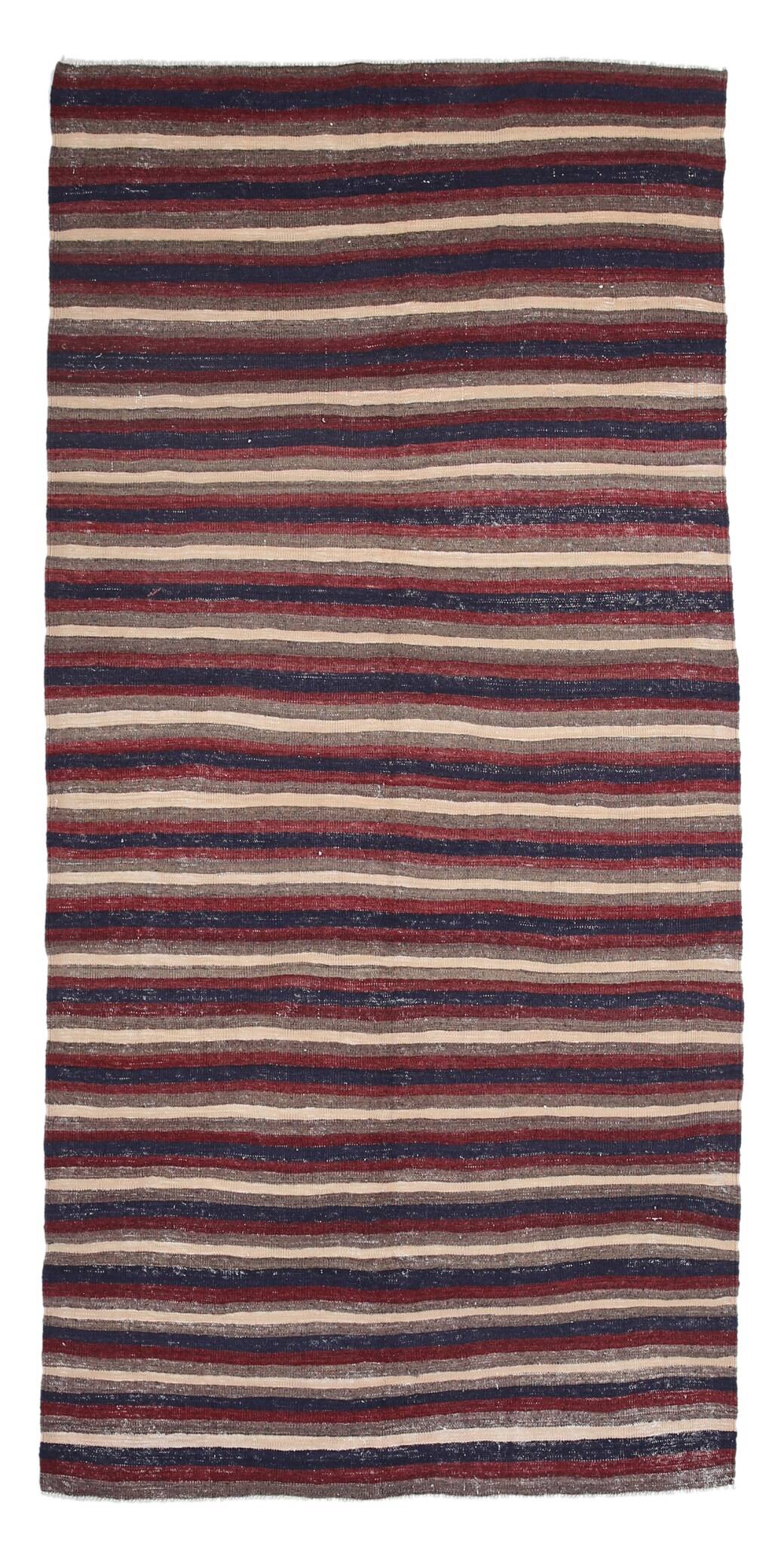 4x9 Red & Navy Blue Pinstriped Pattern Turkish Kilim Rug, 136x284Cm