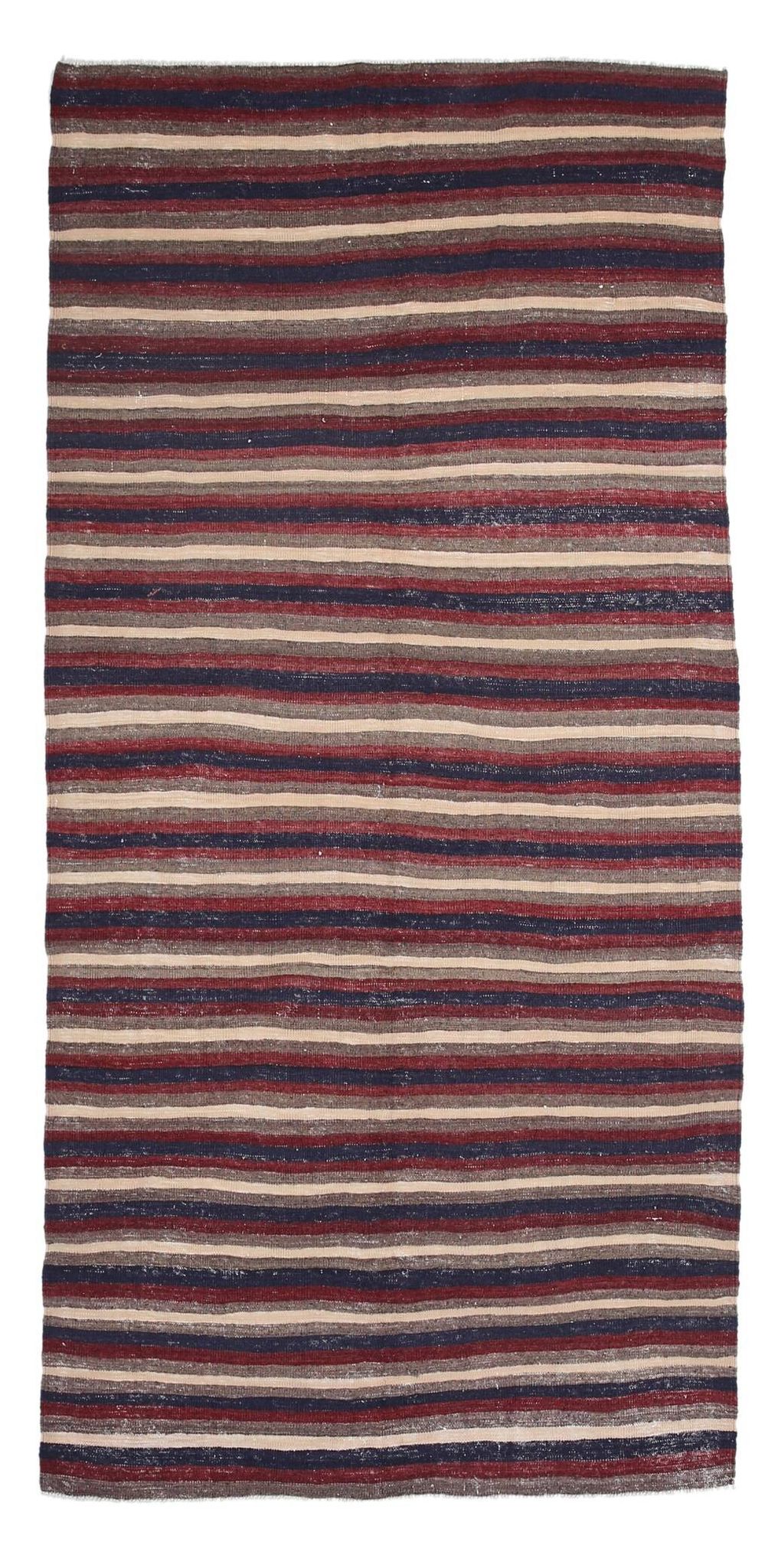 4x9 Red & Navy Blue Pinstriped Pattern Turkish Kilim Rug, 136x284Cm