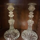 pair of cut glass candlesticks with lion and ram head decor, late 19th century