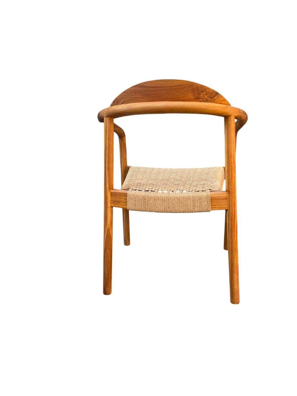 Set of 4 solid wood chairs with cord and armrests.