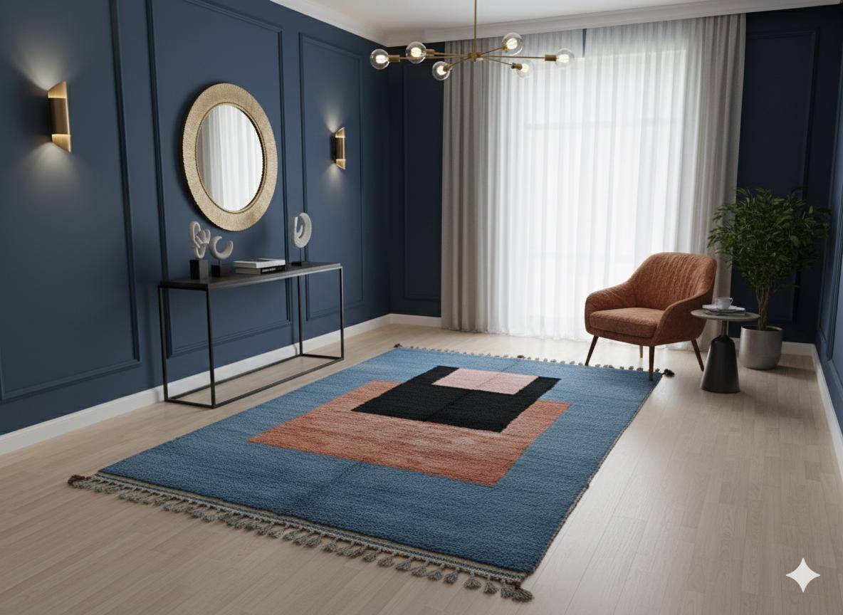Handwoven Moroccan rug, natural wool, 250cm x 150cm, elegant decoration.