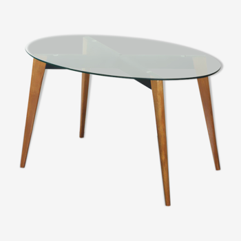 Table basse ovale en bois et en verre