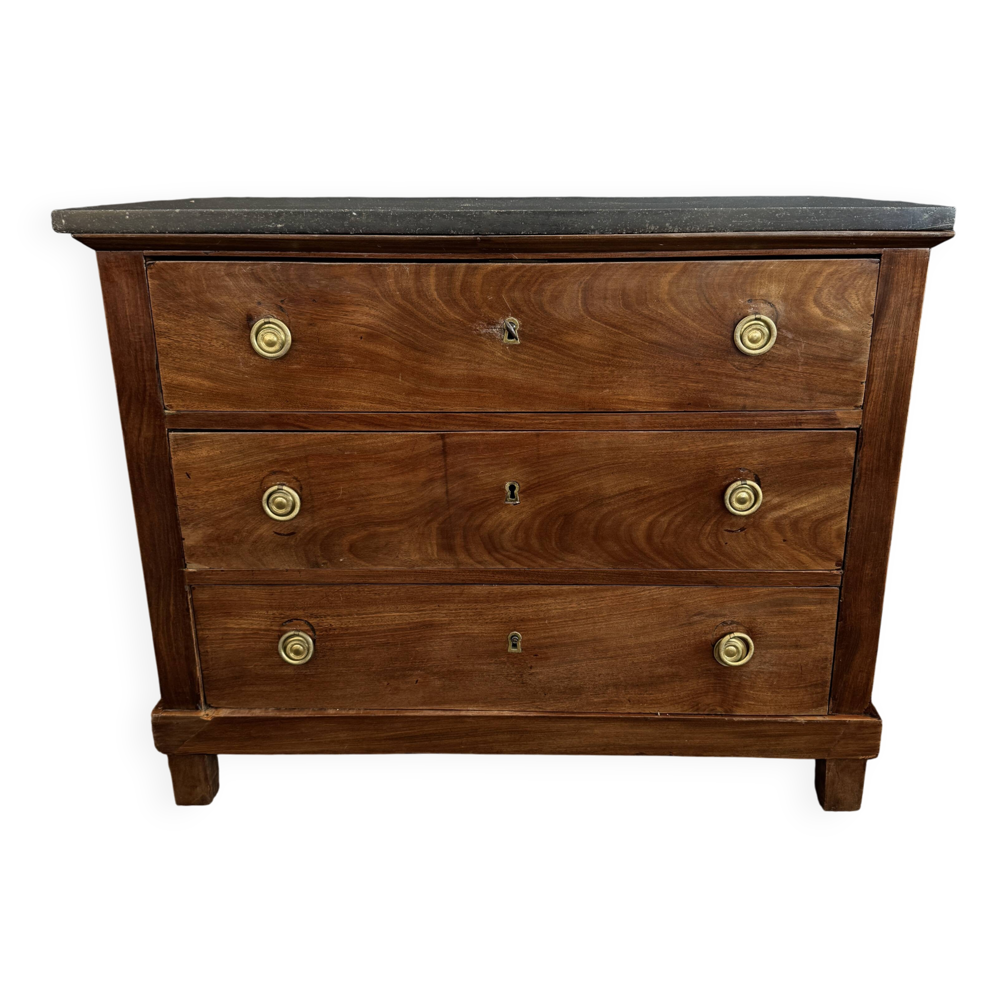 Empire style chest of drawers with 3 drawers and marble top - solid mahogany