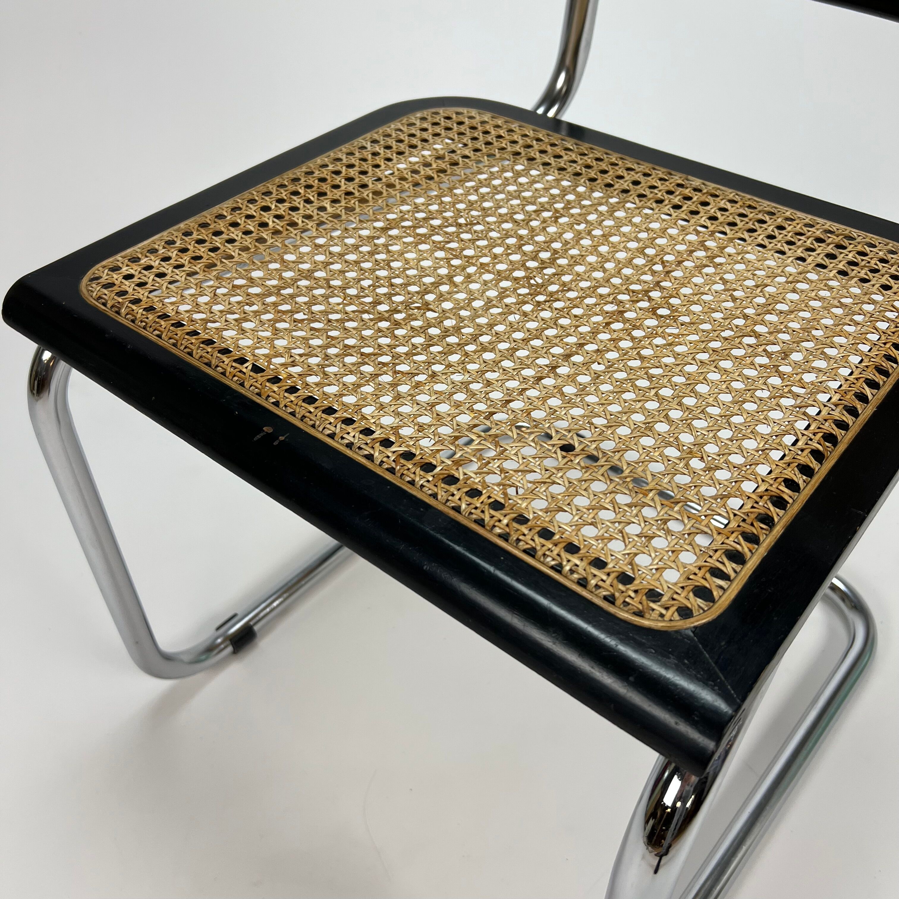 Tubular frame and cane cantilever arm chairs by Marcel Breuer, italy, 1970s